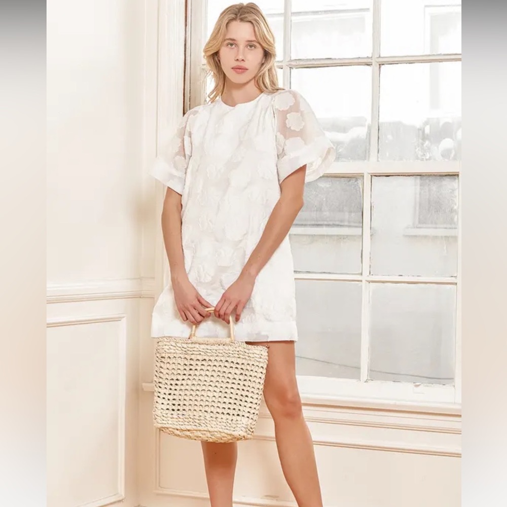 White Floral Jacquard Mini Shift Dress